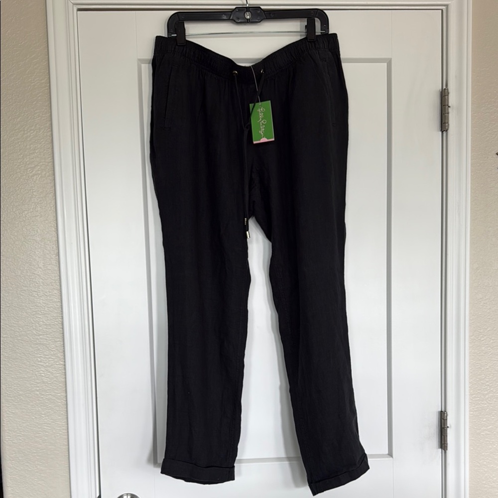 NWT Lilly Pulitzer Women's Linen Arden Pants in Onyx Black, Size XL